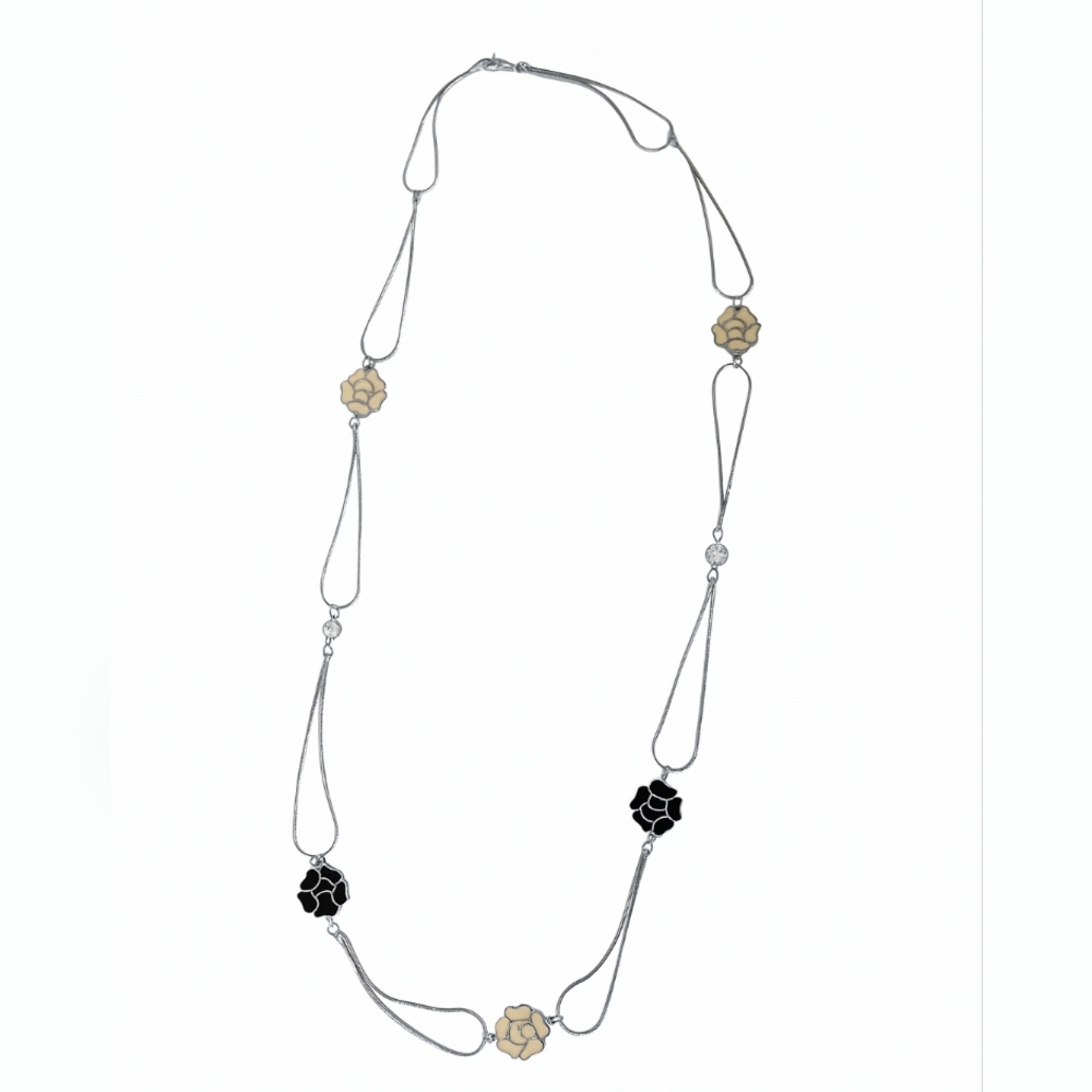 Vintage Elegant Silver, Buttery Yellow and Black Enamel Floral Necklace